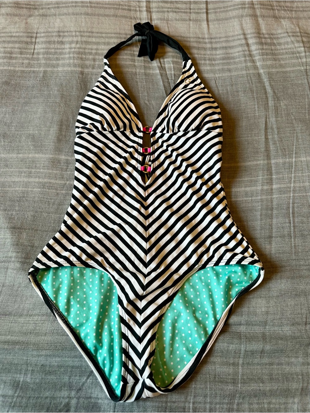 Guess Black & White Striped One-Piece Swimsuit with Mint Polka Dot Lining
